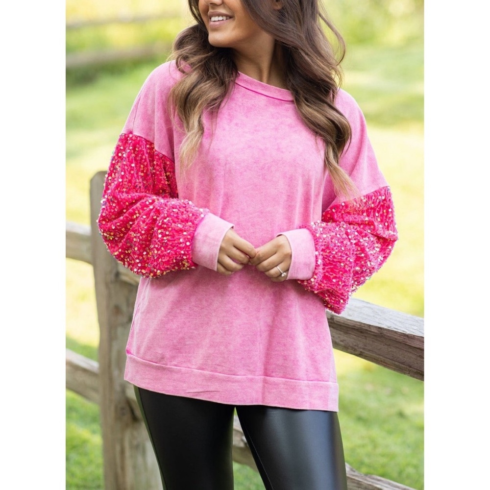 Hudson Gray Pink Washed Top With Velvet Sequin Sleeves